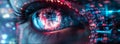 Eye of person with cyborg vision, abstract network information and digital data background, red blue lights banner. Concept of ai