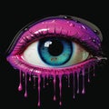 an eye with purple and pink dripping on it