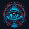 Eye and Pyramid Symbol in Red and Blue on Black Background