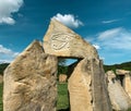 The Eye of Ra symbol engraved on stone block in modern stone cromlech in village of Rayuvtsi, Bulgaria.