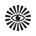 Eye with rays concept icon design. Human eye. Medicine ophthalmology sign. Conspiracy theory. Vector illustration.