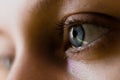 Eye with reflection of  the flame close up. The girl with the fire in her eyes. Royalty Free Stock Photo