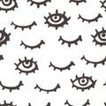 Eye seamless pattern. Grunge doodle makeup fashion print. Black and white simple minimal stylish wallpaper.
