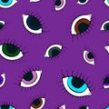 Eye seamless pattern. Vector hand drawn wink, open, eyes with lash background, isolated on violet backgraund