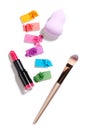 Eye shadow, lipstick, brush and make up sponge