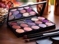 Eye shadow palette with the container on wooden table. AI Generated Image