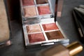 Eye shadow palette in rose gold and nude colors closeup. Makeup cosmetics Royalty Free Stock Photo