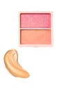 Eye shadow powder or blush makeup palette as flat lay, pink and orange cosmetic smear, eyeshadow and lip gloss isolated