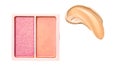 Eye shadow powder or blush makeup palette as flat lay, pink and orange cosmetic smear, eyeshadow and lip gloss isolated