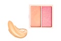 Eye shadow powder or blush makeup palette as flat lay, pink and orange cosmetic smear, eyeshadow and lip gloss isolated