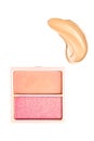 Eye shadow powder or blush makeup palette as flat lay, pink and orange cosmetic smear, eyeshadow and lip gloss isolated