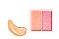 Eye shadow powder or blush makeup palette as flat lay, pink and orange cosmetic smear, eyeshadow and lip gloss isolated