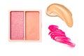 Eye shadow powder or blush makeup palette as flat lay, pink and orange cosmetic smear, eyeshadow and lip gloss isolated