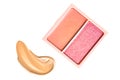 Eye shadow powder or blush makeup palette as flat lay, pink and orange cosmetic smear, eyeshadow and lip gloss isolated