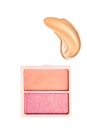 Eye shadow powder or blush makeup palette as flat lay, pink and orange cosmetic smear, eyeshadow and lip gloss isolated