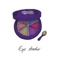 Eye shadows box with multi color palette open with brush, hand drawn doodle sketch with inscription, isolated vector Royalty Free Stock Photo