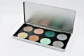 Eye shadows set. Isolated on white background. Green eyeshadow palette in silver Royalty Free Stock Photo
