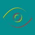 Eye sign illustration. Pseudo 3d embossed icon with citrine and persian red colors on dark cyan background. Illustration