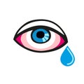 Eye with a single tear. Crying eye turn red. Eyes deseases. Allergic eye.