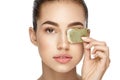 Eye Skin Care. Beautiful Woman With Green Tea Bag Under Eyes Royalty Free Stock Photo