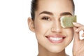 Eye Skin Care. Beautiful Woman With Green Tea Bag Under Eyes Royalty Free Stock Photo