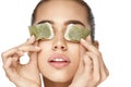 Eye Skin Care. Beautiful Woman With Green Tea Bag Under Eyes Royalty Free Stock Photo