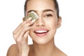 Eye Skin Care. Beautiful Woman With Green Tea Bag Under Eyes Royalty Free Stock Photo