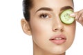 Eye Skin Care. Woman With Natural Makeup Using Cucumber Royalty Free Stock Photo