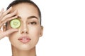 Eye Skin Care. Woman With Natural Makeup Using Cucumber Royalty Free Stock Photo