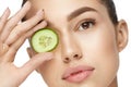 Eye Skin Care. Woman With Natural Makeup Using Cucumber Royalty Free Stock Photo