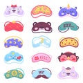 Eye sleep mask. Relaxed eyes accessories, bedtime elements. Traveler masks with cat, bear, cloud characters. Night Royalty Free Stock Photo