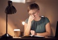 Eye strain, headache and business woman doing computer work at night with report deadline. Working in dark, anxiety and Royalty Free Stock Photo