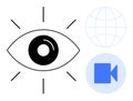 Eye Symbol with Video Camera Icon and Globe, Vision, Surveillance, and Global Communication Royalty Free Stock Photo