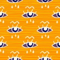 Eye and tears seamless doodle pattern. Yellow and orange stripped background. White contoured elements Royalty Free Stock Photo