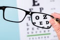 The eye test chart is seen through the glasses. Areas outside the glasses are blurred Royalty Free Stock Photo