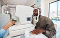 Eye test, exam or screening with a young man at the optometrist using an automated refractor. Patient testing his vision