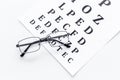 Eye test, eye examination. Glasses with transparent optical lenses on eye test chart on white background top view