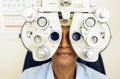 Eye test, face or woman consulting to help eyesight at optometrist for a optical assessment. Optometry, wellness or