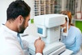 Eye Test. Optometrist Testing Woman Eyesight On Modern Equipment Royalty Free Stock Photo