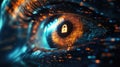 An eye with tiny lines of code and data nodes, with a glowing lock at the center of the pupil, symbolizing the importance of