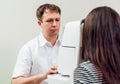 Eye tonometry. Non-contact tonometer. Glaucoma checkup. Modern equipment. Royalty Free Stock Photo