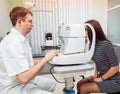 Eye tonometry. Non-contact tonometer. Glaucoma checkup. Modern equipment. Royalty Free Stock Photo