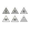 Eye in triangle set. All seeing eye pyramid collection. Illuminati mason symbol vector illustration