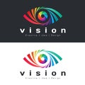 Eye vision logo with abstract colorful rainbow eye on dark and white background vector design Royalty Free Stock Photo