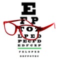 Eye vision test chart seen through eye glasses, white background