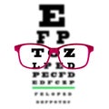 Eye vision test chart seen through eye glasses, white background
