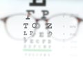 Eye vision test chart seen through eye glasses. Royalty Free Stock Photo