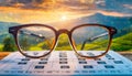 Eye vision test chart seen through eye glasses. Prescription glasses sitting on an eye test Royalty Free Stock Photo