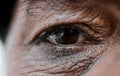 Eye, vision and wrinkles with a senior person closeup for sad emotion, pain or grief on an expressive face. Healthcare Royalty Free Stock Photo