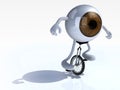 Eyeball with arms and legs rides a unicycle